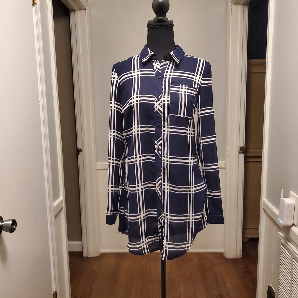 Tea & cup Los Angeles Sz S Navy Blue & White Blouse Long Sleeve Button Up Tunic